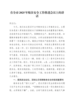 在全市2025年粮食安全工作推进会议上的讲话