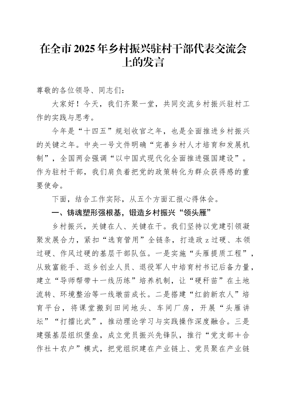 在全市2025年乡村振兴驻村干部代表交流会上的发言_第1页