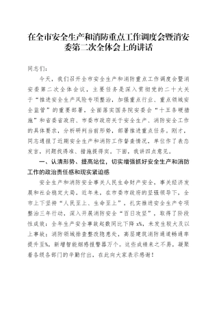 在全市安全生产和消防重点工作调度会暨消安委第二次全体会上的讲话