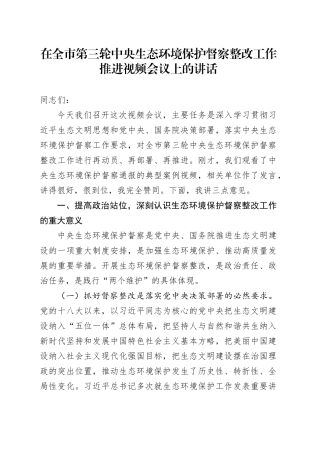 在全市第三轮中央生态环境保护督察整改工作推进视频会议上的讲话