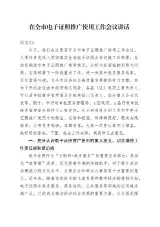 在全市电子证照推广使用工作会议讲话