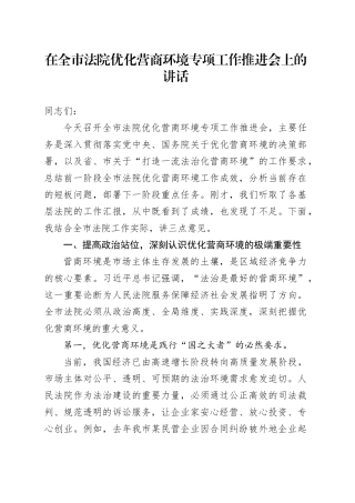 在全市法院优化营商环境专项工作推进会上的讲话