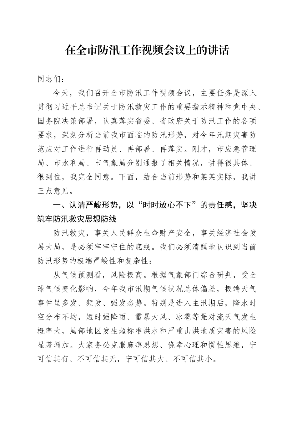 在全市防汛工作视频会议上的讲话_第1页