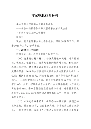 在全市供销合作社第三届理事会第三次全体（扩大）会议上的工作报告