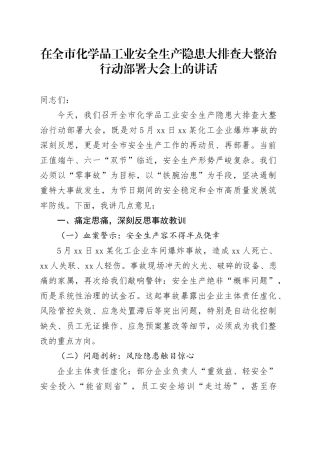 在全市化学品工业安全生产隐患大排查大整治行动部署大会上的讲话