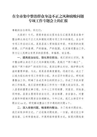 在全市集中整治群众身边不正之风和腐败问题专项工作专题会上的汇报