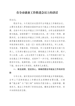 在全市就业工作推进会议上的讲话