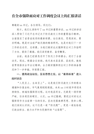 在全市强降雨应对工作调度会议上的汇报讲话