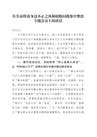 在全市群众身边不正之风和腐败问题集中整治专题会议上的讲话