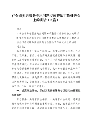 在全市养老服务突出问题专项整治工作推进会上的讲话（2篇）