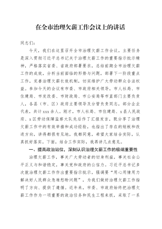 在全市治理欠薪工作会议上的讲话