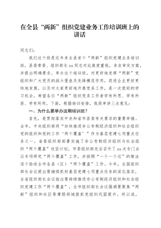 在全县“两新”组织党建业务工作培训班上的讲话