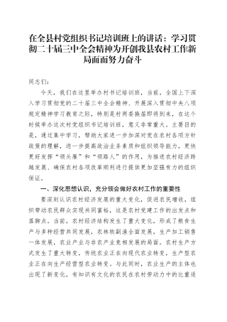 在全县村党组织书记培训班上的讲话：学习贯彻二十届三中全会精神为开创我县农村工作新局面而努力奋斗