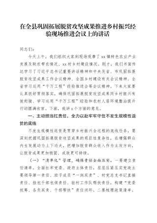 在全县巩固拓展脱贫攻坚成果推进乡村振兴经验现场推进会议上的讲话