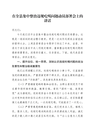 在全县集中整治违规吃喝问题动员部署会上的讲话