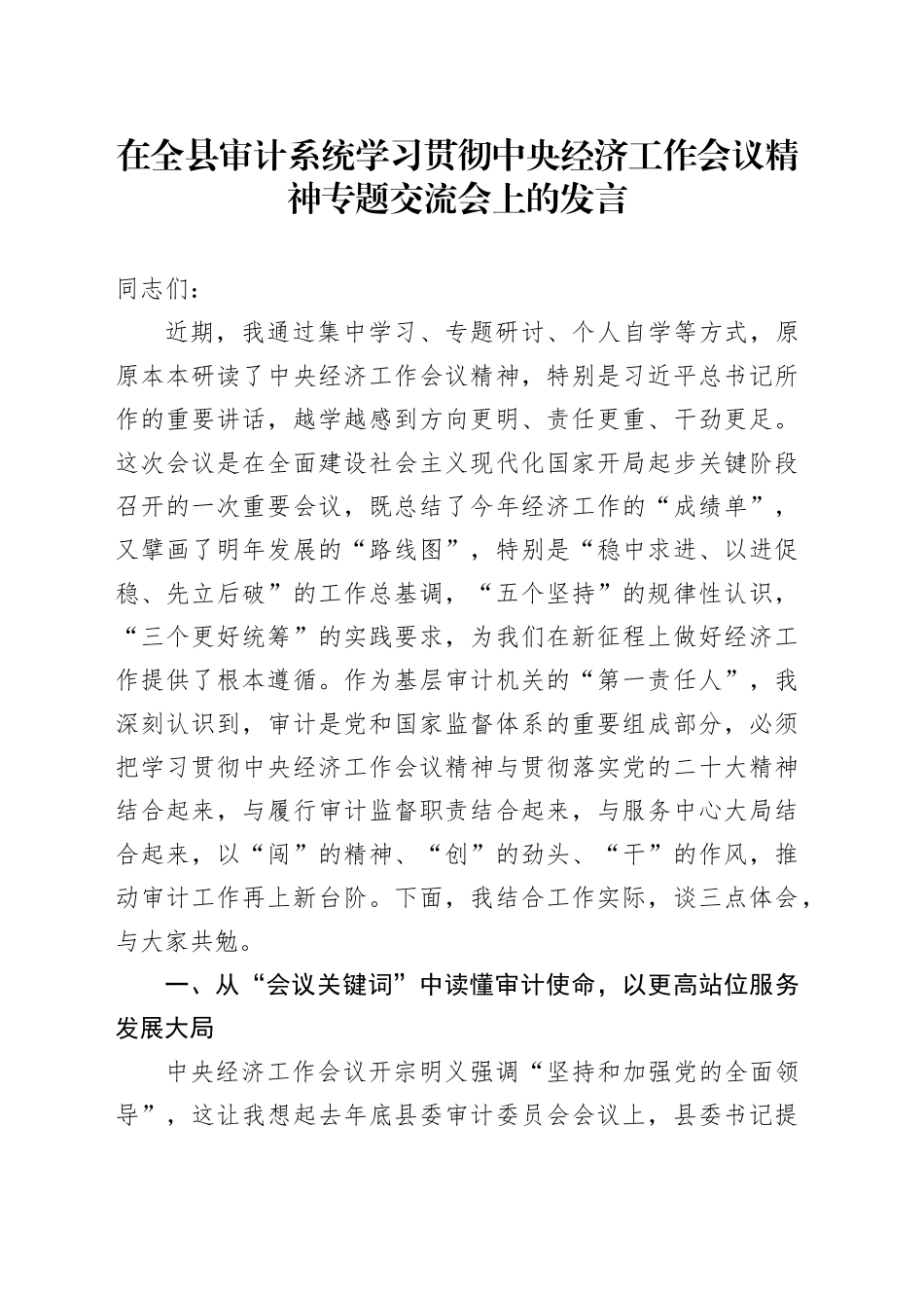 在全县审计系统学习贯彻中央经济工作会议精神专题交流会上的发言_第1页