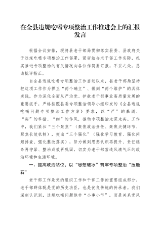 在全县违规吃喝专项整治工作推进会上的汇报发言