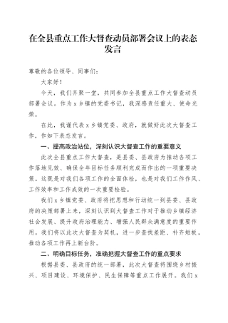 在全县重点工作大督查动员部署会议上的表态发言