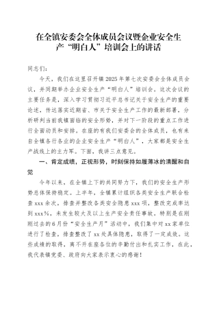 在全镇安委会全体成员会议暨企业安全生产“明白人”培训会上的讲话