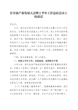 在全镇产业发展大会暨上半年工作总结会议上的讲话