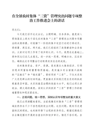 在全镇农村集体“三资”管理突出问题专项整治工作推进会上的讲话