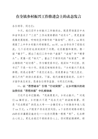 在全镇乡村振兴工作推进会上的表态发言