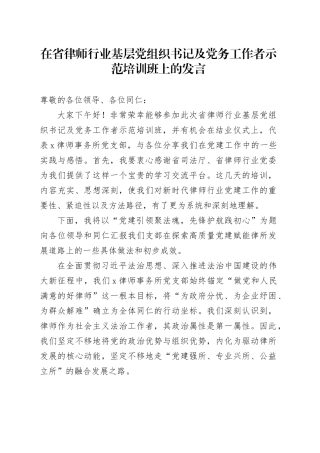 在省律师行业基层党组织书记及党务工作者示范培训班上的发言（1）