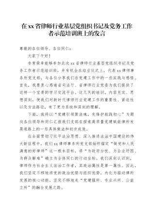 在省律师行业基层党组织书记及党务工作者示范培训班上的发言