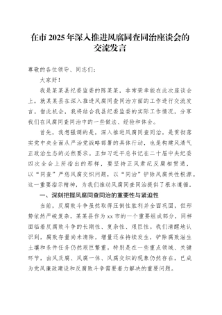 在市2025年深入推进风腐同查同治座谈会的交流发言