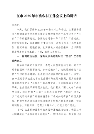 在市2025年市委农村工作会议上的讲话