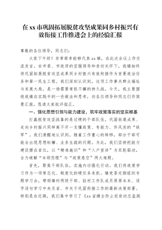 在市巩固拓展脱贫攻坚成果同乡村振兴有效衔接工作推进会上的经验汇报