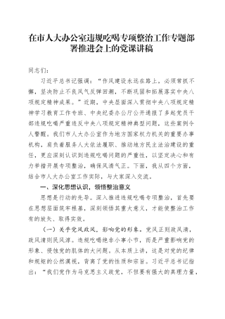 在市人大办公室违规吃喝专项整治工作专题部署推进会上的党课讲稿