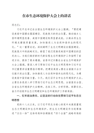 在市生态环境保护大会上的讲话