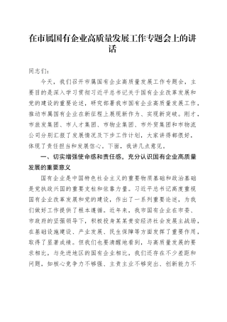 在市属国有企业高质量发展工作专题会上的讲话