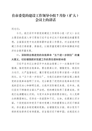 在市委党的建设工作领导小组7月份（扩大）会议上的讲话