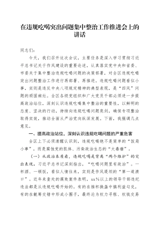在违规吃喝突出问题集中整治工作推进会上的讲话