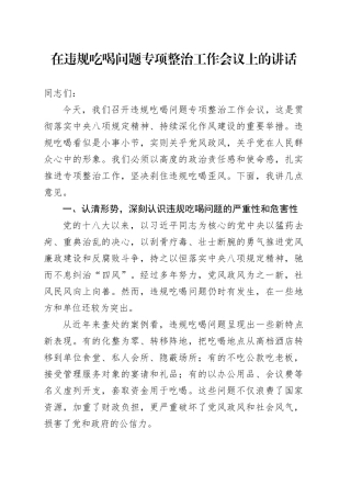 在违规吃喝问题专项整治工作会议上的讲话