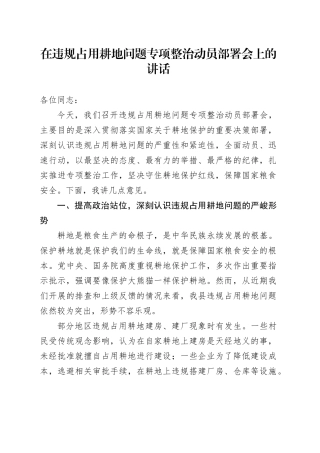 在违规占用耕地问题专项整治动员部署会上的讲话