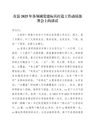 在县2025年各领域党建标兵打造工作动员部署会上的讲话