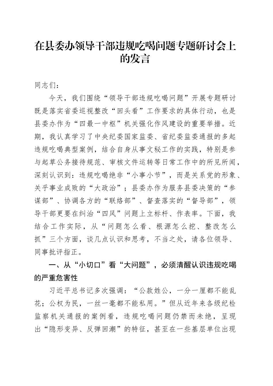 在县委办领导干部违规吃喝问题专题研讨会上的发言_第1页