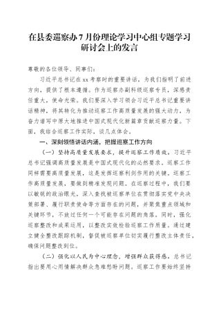 在县委巡察办7月份理论学习中心组专题学习研讨会上的发言