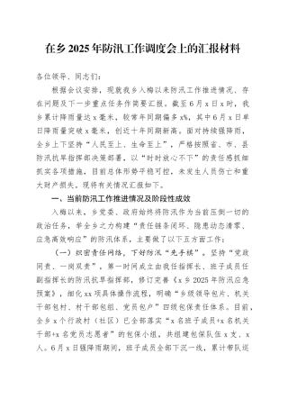 在乡2025年防汛工作调度会上的汇报材料