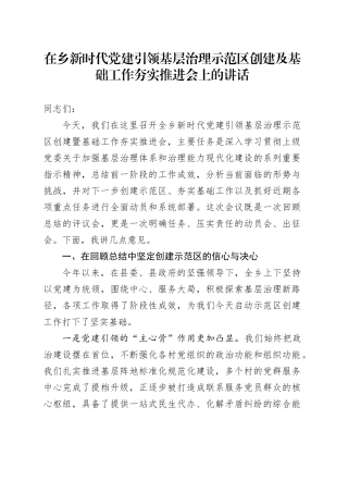 在乡新时代党建引领基层治理示范区创建及基础工作夯实推进会上的讲话（1）