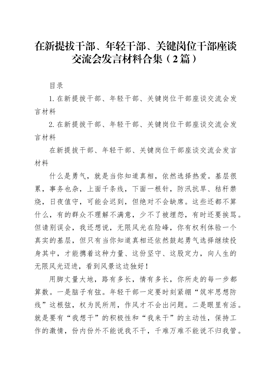 在新提拔干部、年轻干部、关键岗位干部座谈交流会发言材料合集（2篇）_第1页