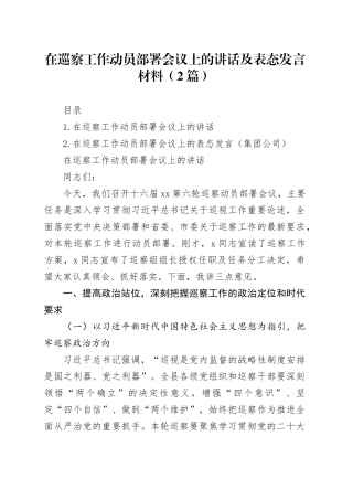 在巡察工作动员部署会议上的讲话及表态发言材料（2篇）