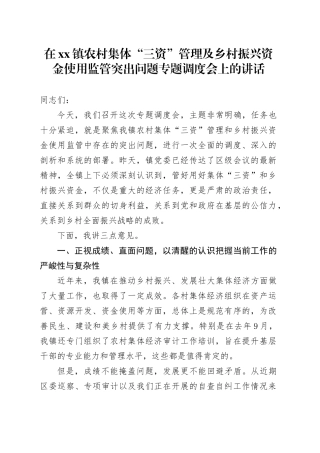 在镇农村集体“三资”管理及乡村振兴资金使用监管突出问题专题调度会上的讲话