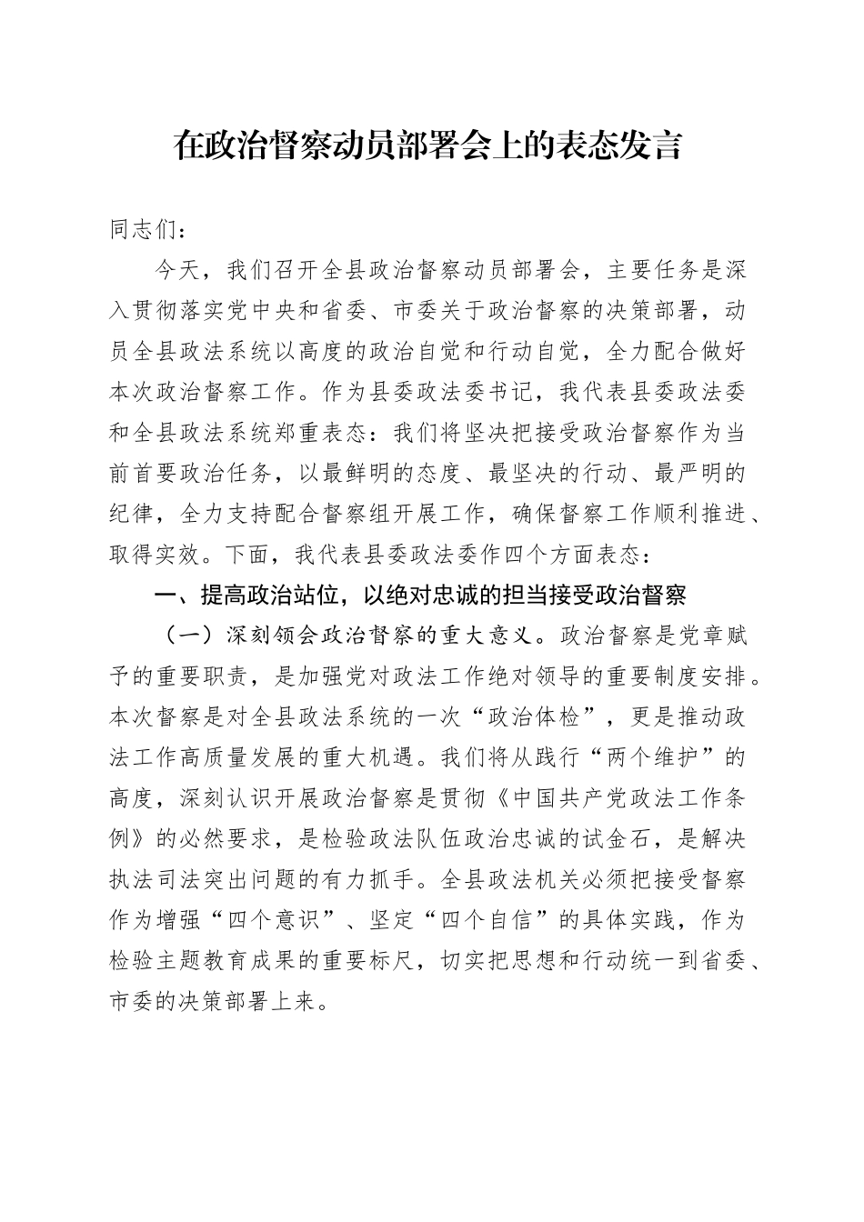 在政治督察动员部署会上的表态发言_第1页