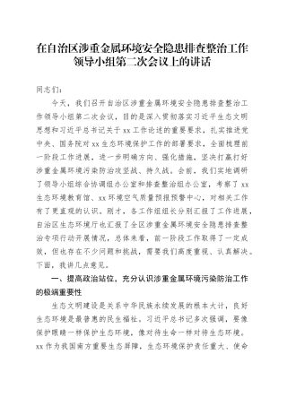 在自治区涉重金属环境安全隐患排查整治工作领导小组第二次会议上的讲话