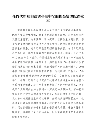 在做优增量和盘活存量中全面提高资源配置效率