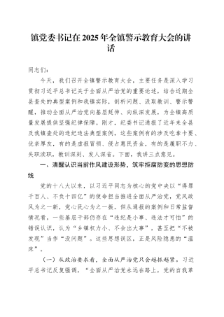 镇党委书记在2025年全镇警示教育大会的讲话